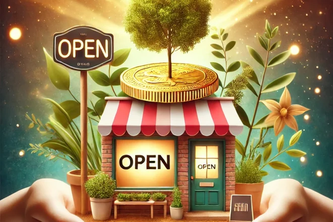 DALL·E 2025-01-27 15.49.06 - A visually inspiring representation of a loan empowering a small business to succeed. The image features a small storefront with a bright 'Open' sign,